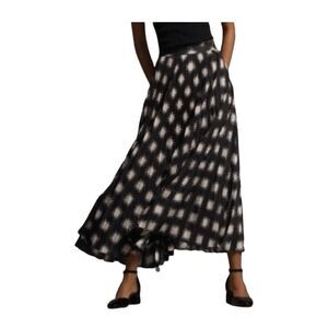 Anthropologie The Isobel Silky Pleated Maxi Skirt Black Pink Floral Star Bursts